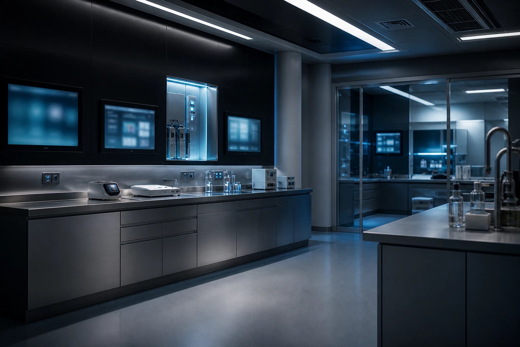 Cinematic clinical laboratory environment with technology integrated into the architecture.
