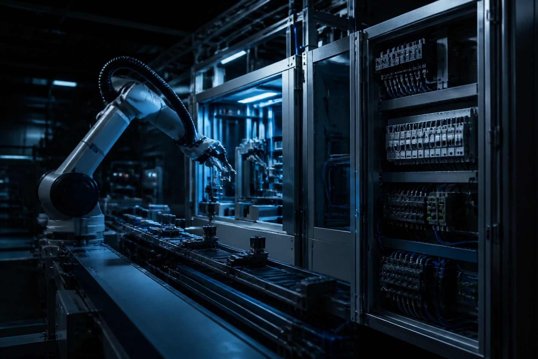 Cena cinematográfica de uma célula de automação industrial com robótica, transportador e quadro de controlo integrados.