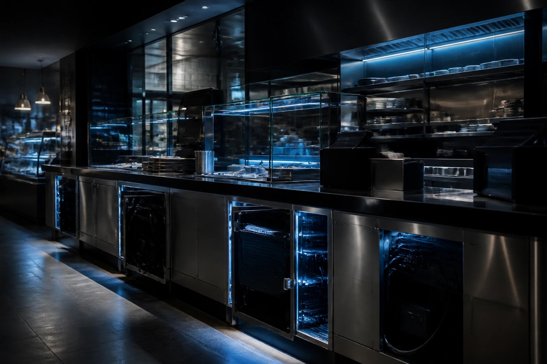 Cinematic food-service space with technology integrated into customer service and operational workflows.