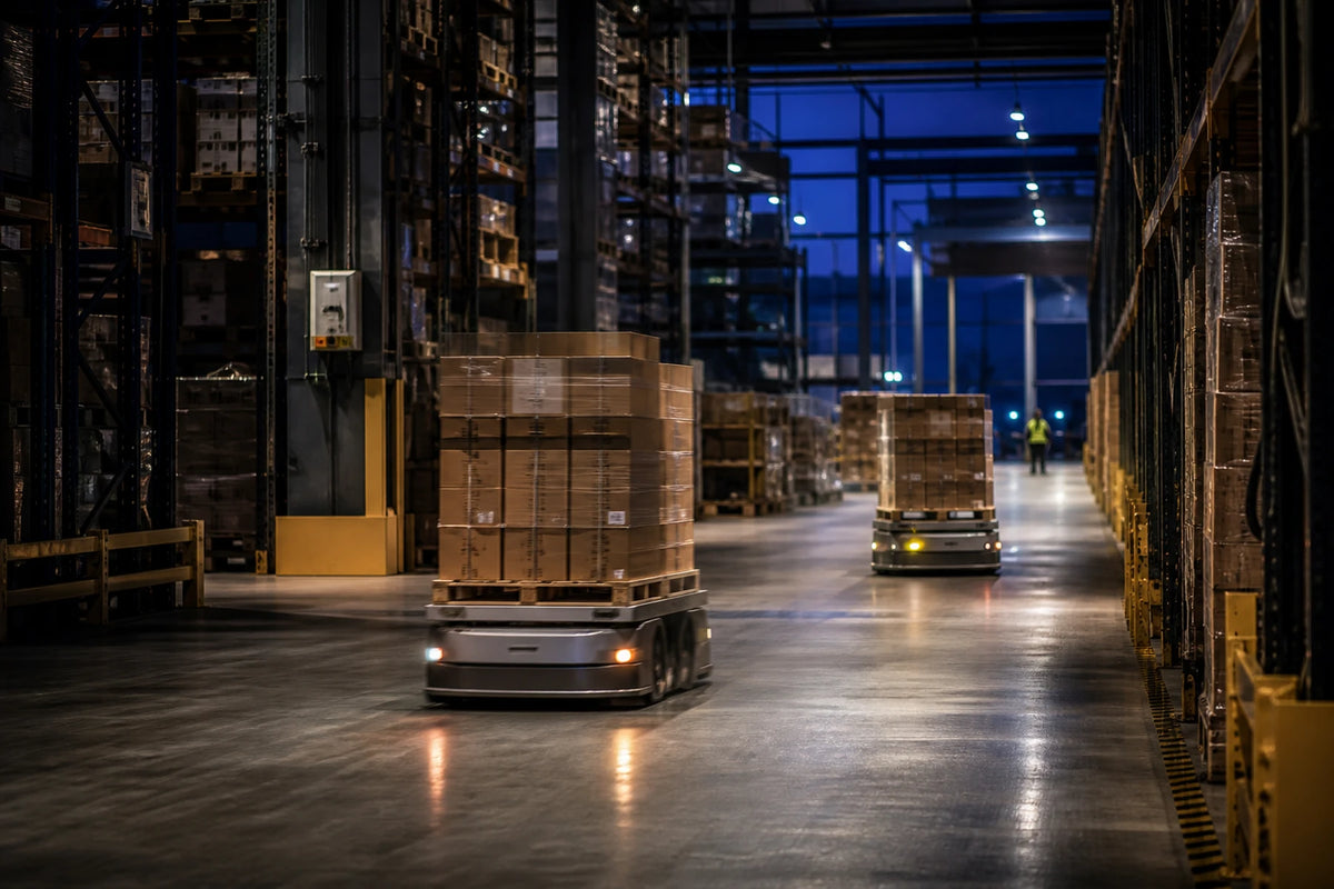 Two autonomous mobile robots transport pallets through an intralogistics warehouse.