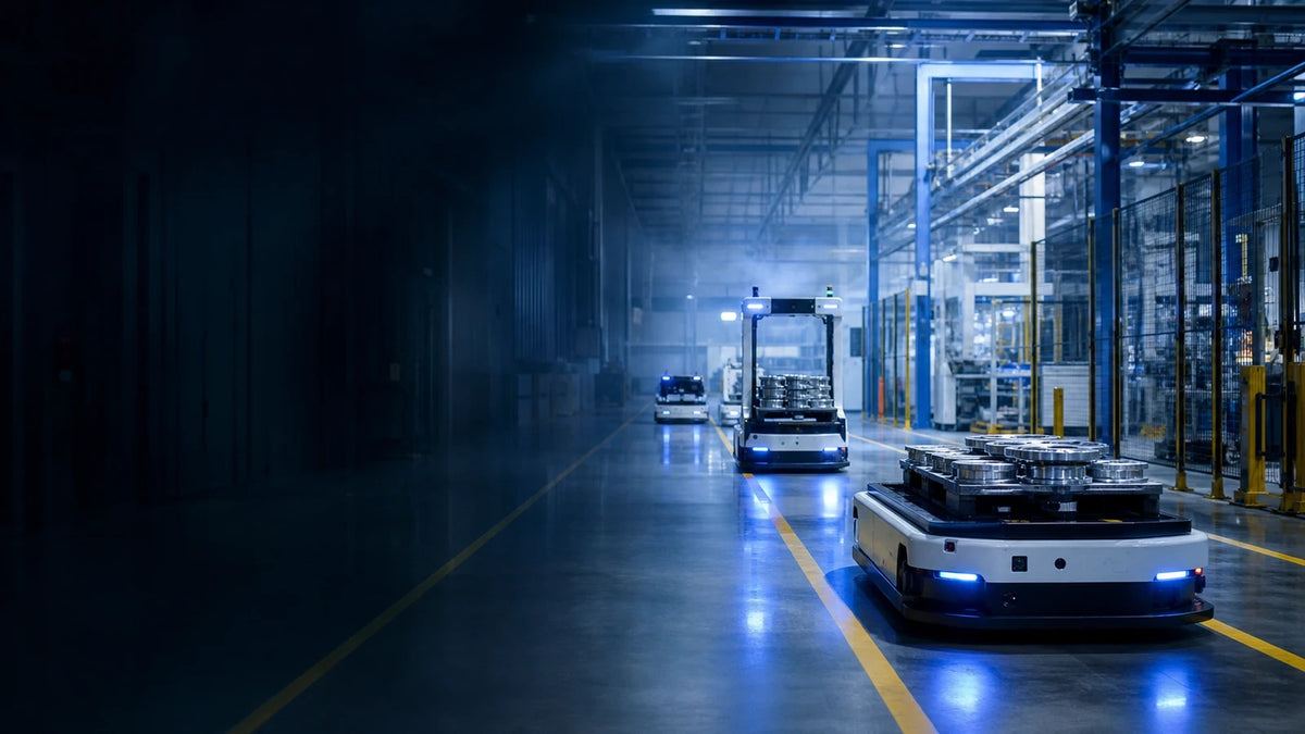 Three AGV and AMR platforms in an industrial intralogistics environment.