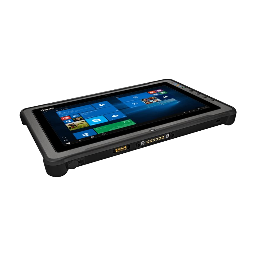 Tablet robusto Getac F110 G5 - vista inclinada e conectores inferiores - AGL