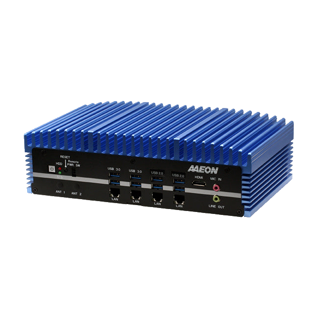 AAEON BOXER-6641, vista frontal em perspetiva da configuração A1/A5