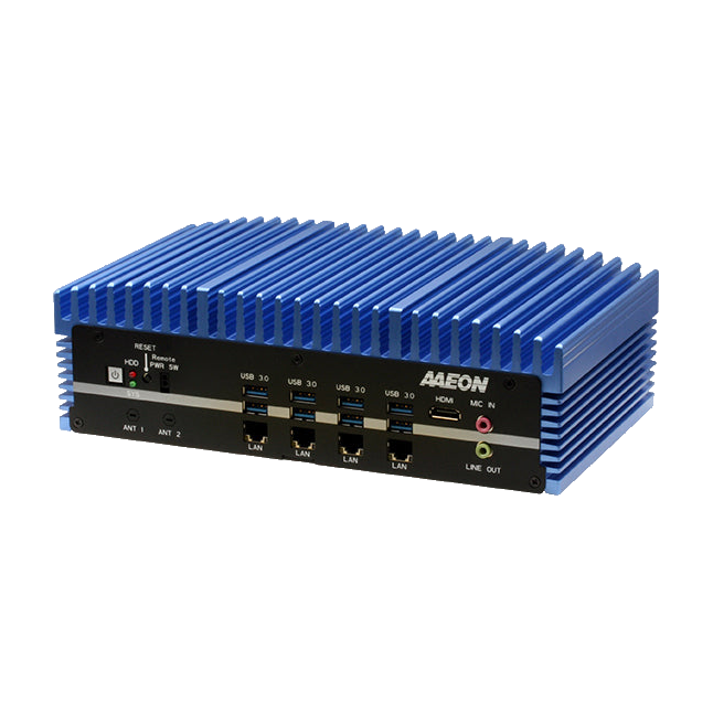AAEON BOXER-6641, vista frontal em perspetiva da configuração A2/A6