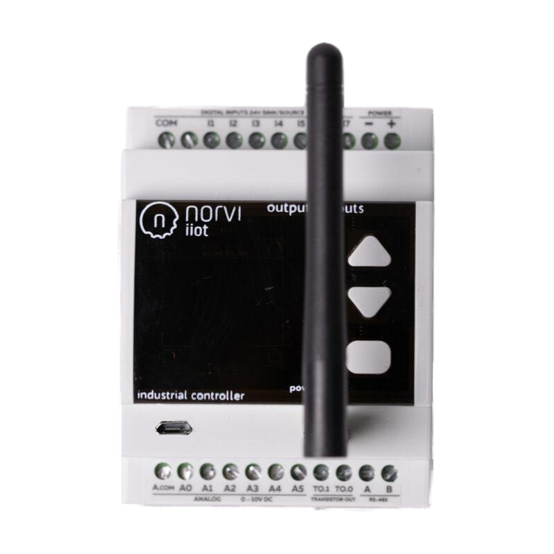 Controlador industrial NORVI GSM-AE — vista frontal com antena