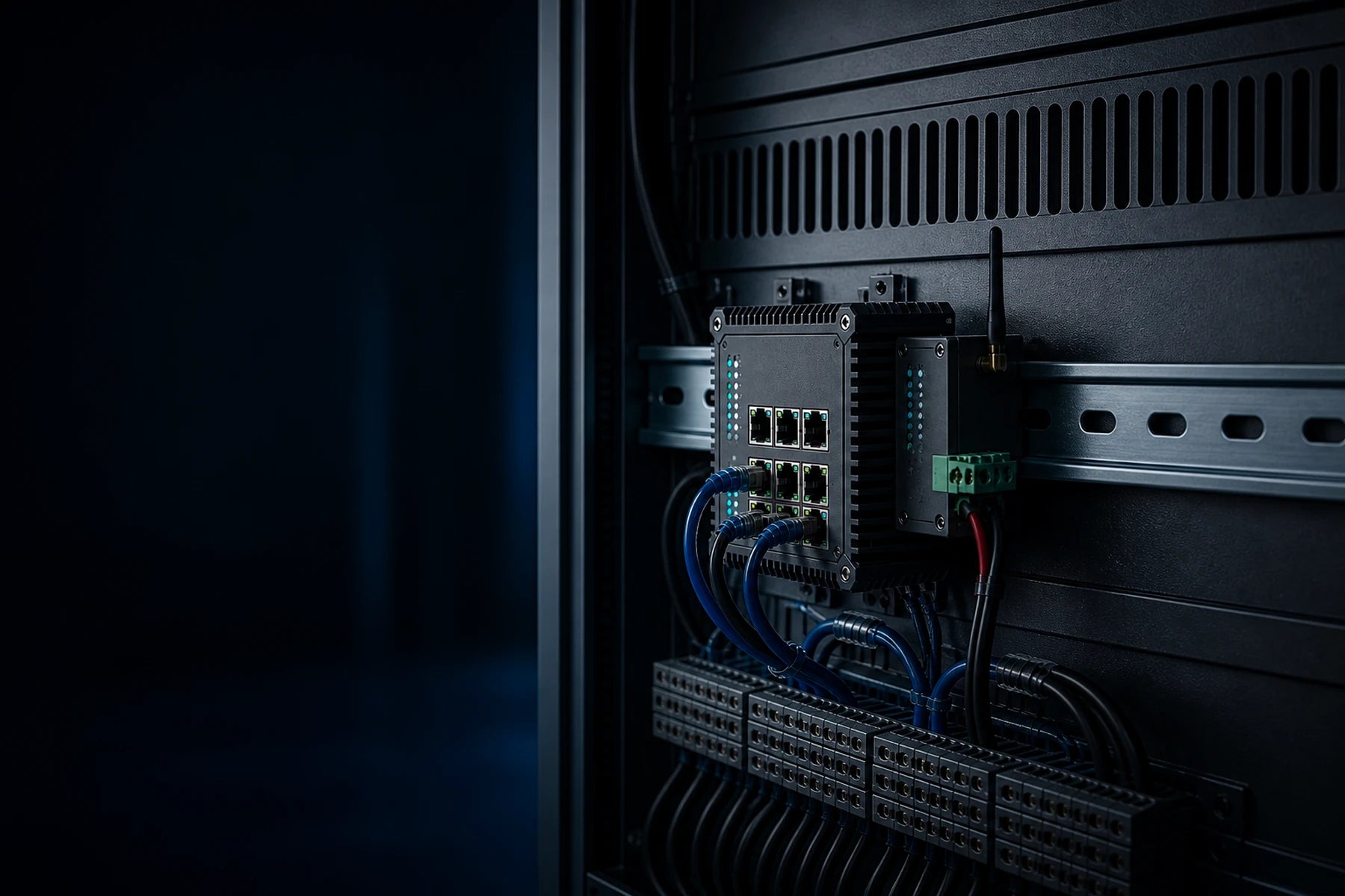 Industrial communication equipment installed in an automation cabinet.
