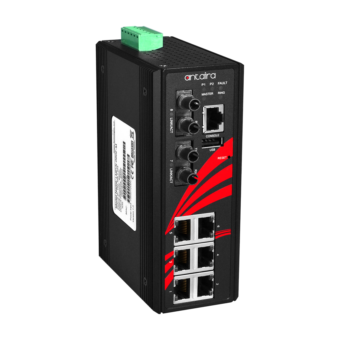Switch LMX-0802-ST-M (6*10/100Tx + 2*100Fx ST, MM 2Km) — vista do equipamento