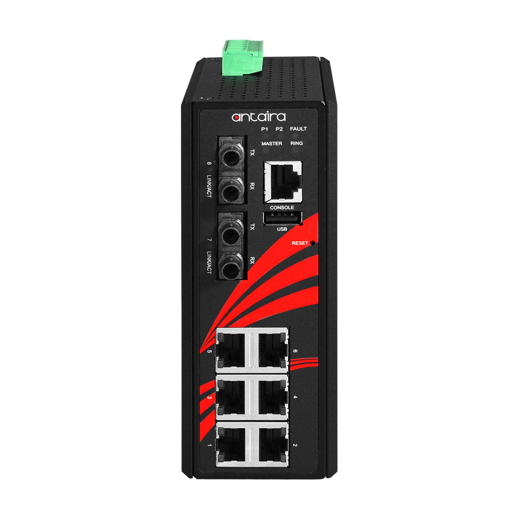 Switch LMX-0802-ST-M (6*10/100Tx + 2*100Fx ST, MM 2Km) — vista do equipamento