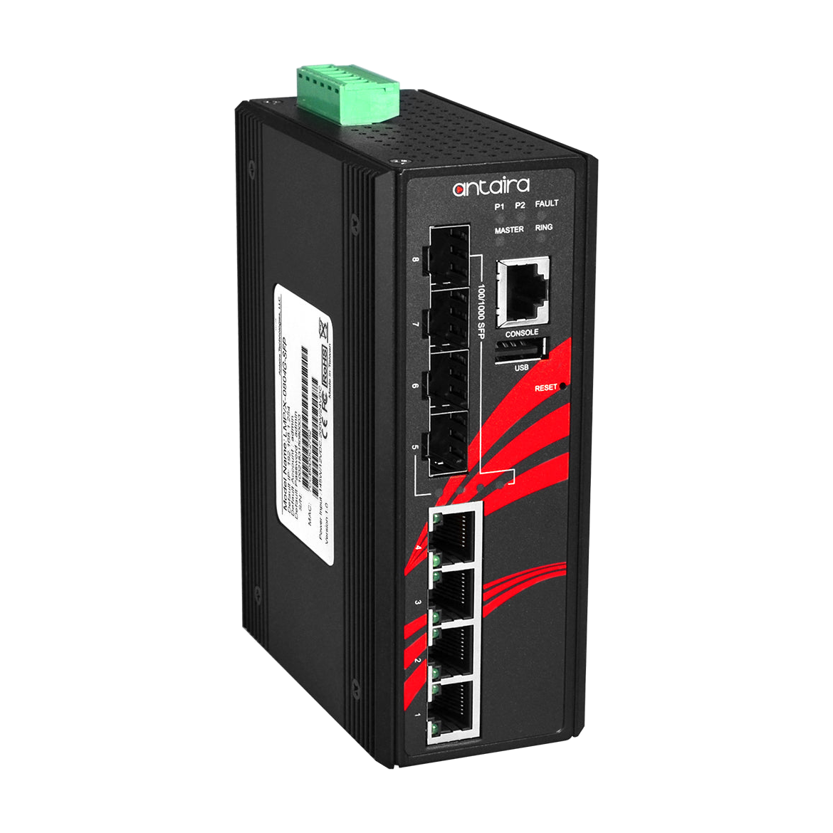 Switch LMX-0804G-SFP (4*10/100/1000Tx + 4*100/1000Fx SFP) — vista do equipamento