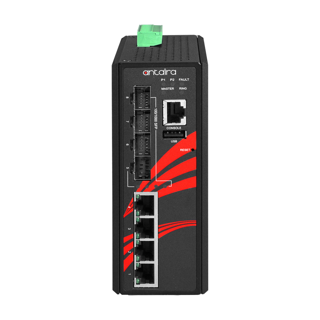 Switch LMX-0804G-SFP (4*10/100/1000Tx + 4*100/1000Fx SFP) — vista do equipamento