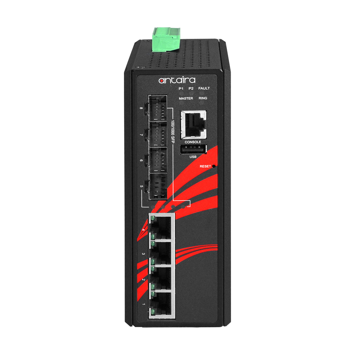 Switch LMX-0804G-SFP (4*10/100/1000Tx + 4*100/1000Fx SFP) — vista do equipamento