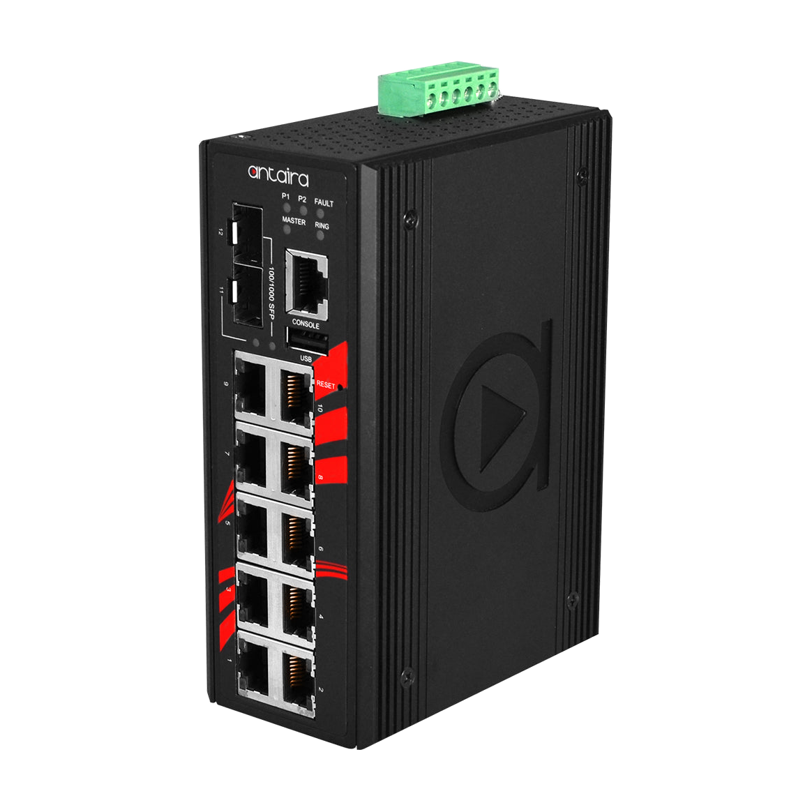 Switch ATEX LMX-1202G-SFP (10*10/100/1000Tx + 2*100/1000 SFP) — vista do equipamento