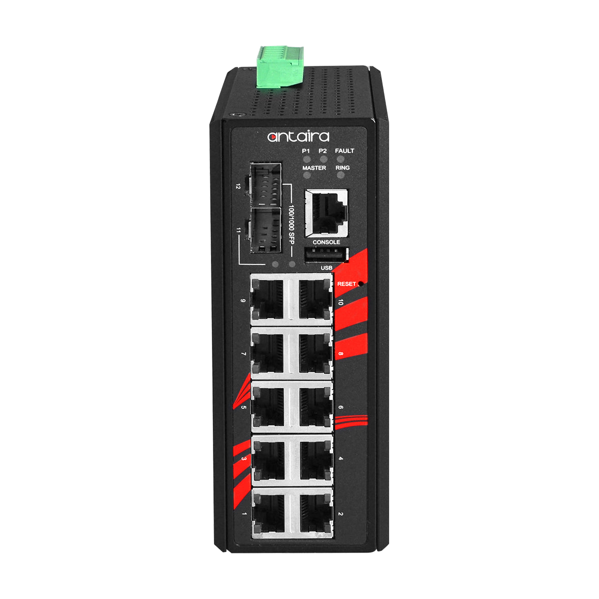 Switch ATEX LMX-1202G-SFP (10*10/100/1000Tx + 2*100/1000 SFP) — vista do equipamento