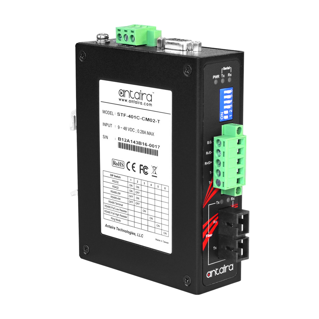 Conversor RS-232/422/485 para fibra STF-401C-CM02-T, MM 2KM, SC — vista do equipamento