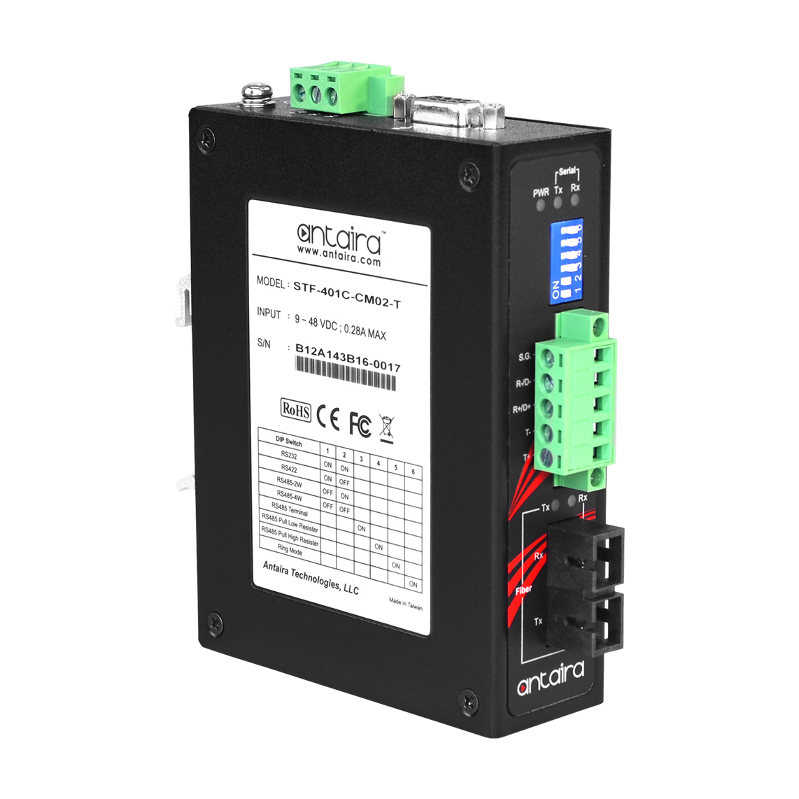Conversor RS-232/422/485 para fibra STF-401C-CM02-T, MM 2KM, SC — vista do equipamento