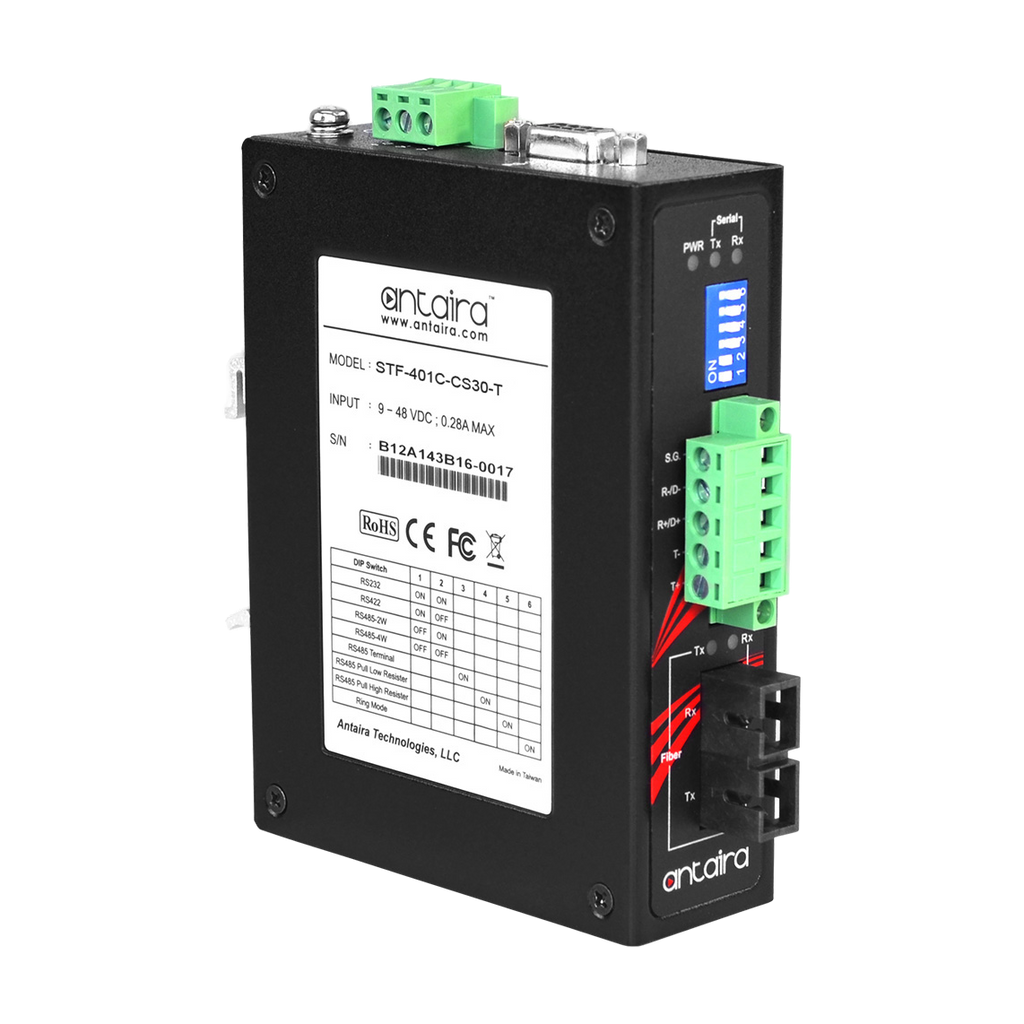 Conversor RS-232/422/485 para fibra STF-401C-CS30-T, SM 30KM, SC — vista do equipamento
