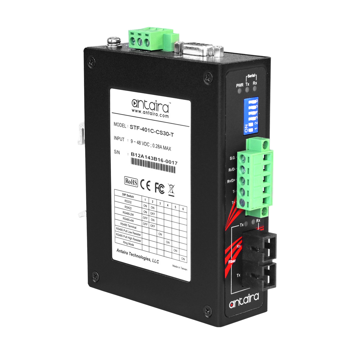 Conversor RS-232/422/485 para fibra STF-401C-CS30-T, SM 30KM, SC — vista do equipamento