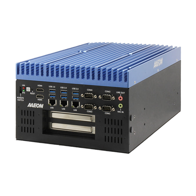 AAEON BOXER-6840-CFL (Intel 8/ 9 Gen, 3 LAN, 4 COM, 2 HDMI, 12-24VDC) — vista do equipamento