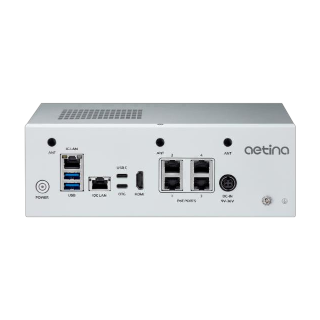 Aetina AIE-KX12/KX22 — vista frontal, 4 portas PoE e 2 LAN