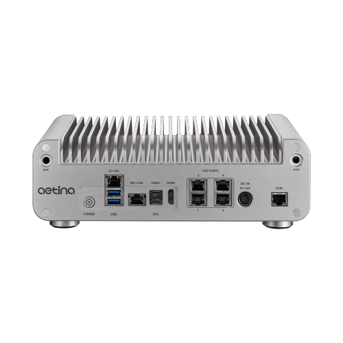 Aetina AIE-PX12/PX22 — vista frontal, 4 portas PoE e 2 LAN