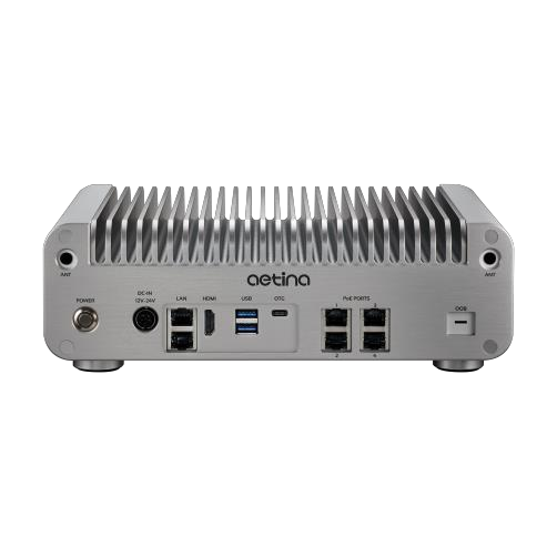 Aetina AIE-PN33/PN43-4PSE — vista frontal, 4 portas PoE e 2 LAN