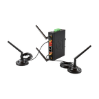 Router industrial Antaira com antenas e bases magnéticas, vista das ligações frontais