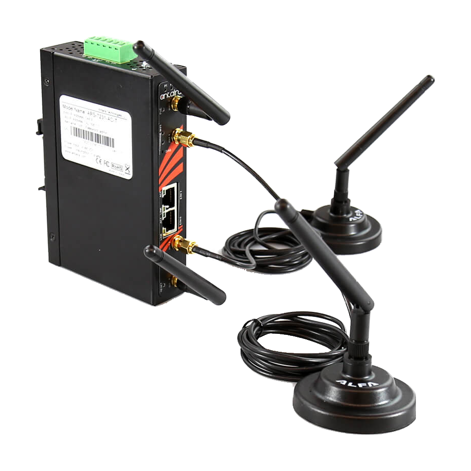 Router industrial Antaira com antenas e bases magnéticas, vista lateral com etiqueta
