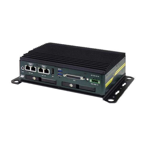 Computador industrial Neousys NRU-120S, vista oblíqua do chassis e das portas