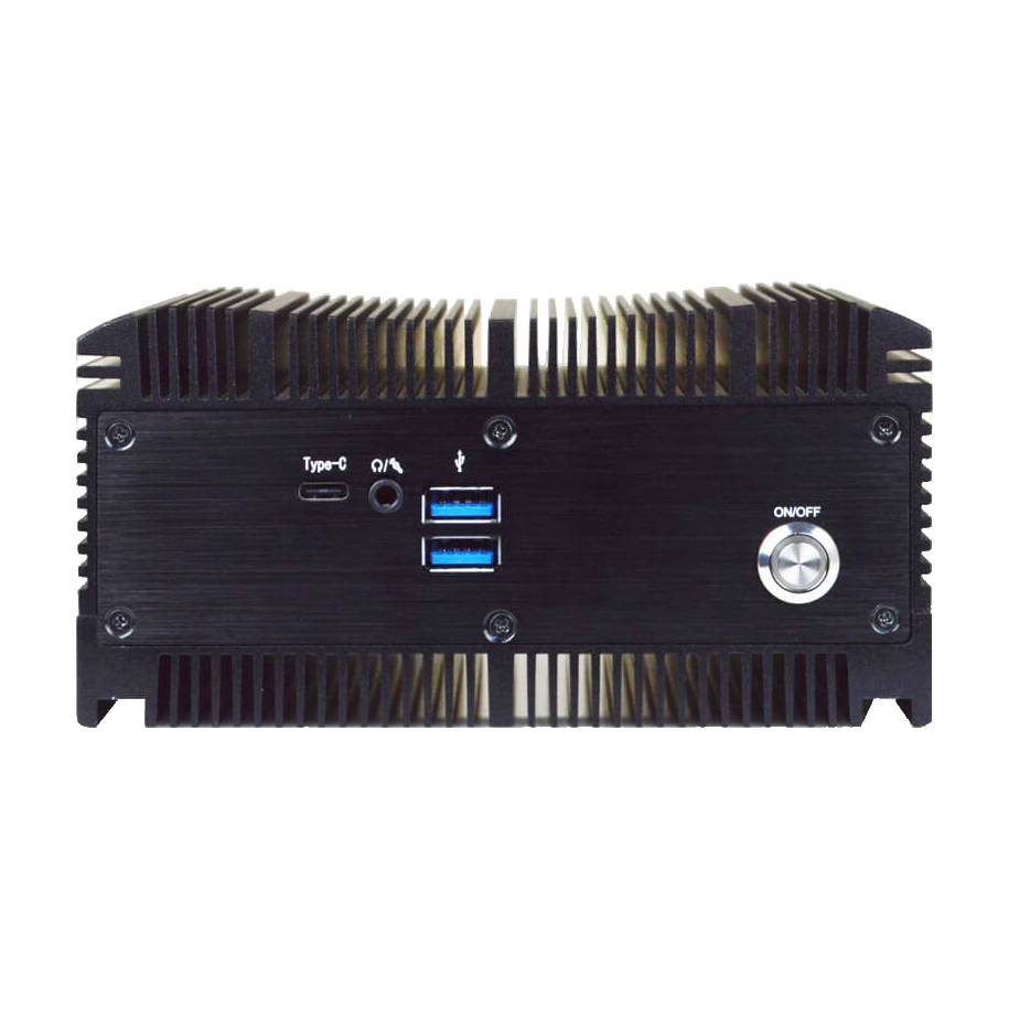 Computador industrial Jetway, vista frontal com botão de alimentação e portas USB