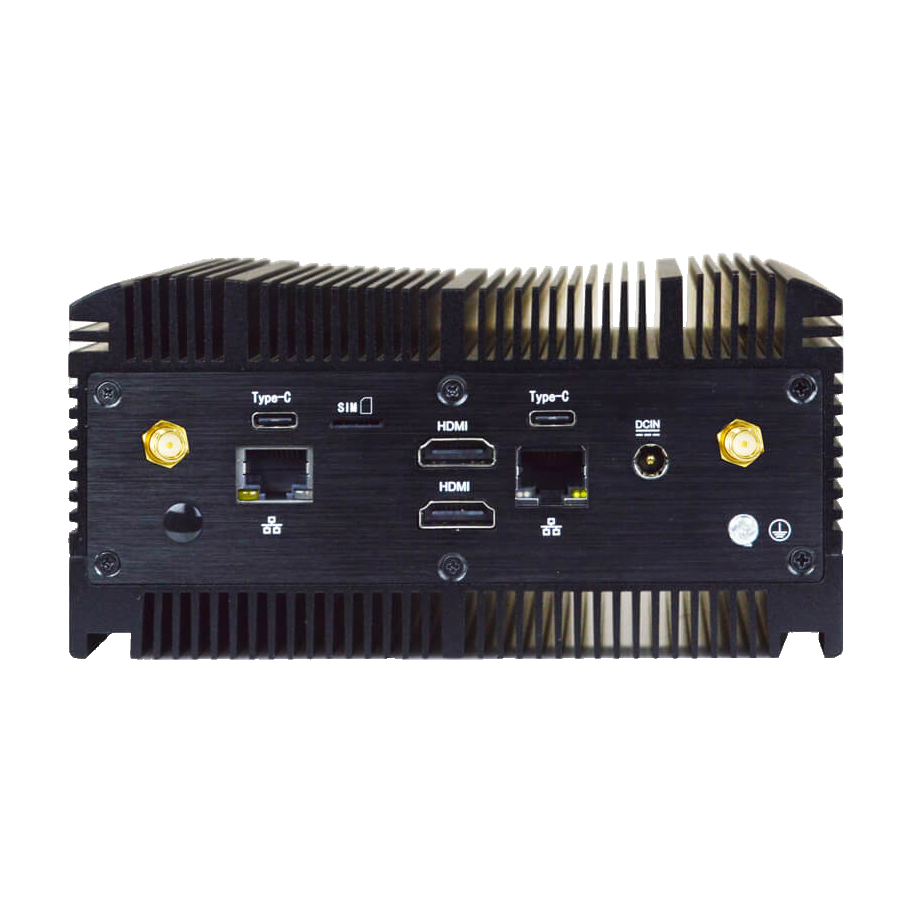 Computador industrial Jetway, vista das ligações HDMI, rede e alimentação