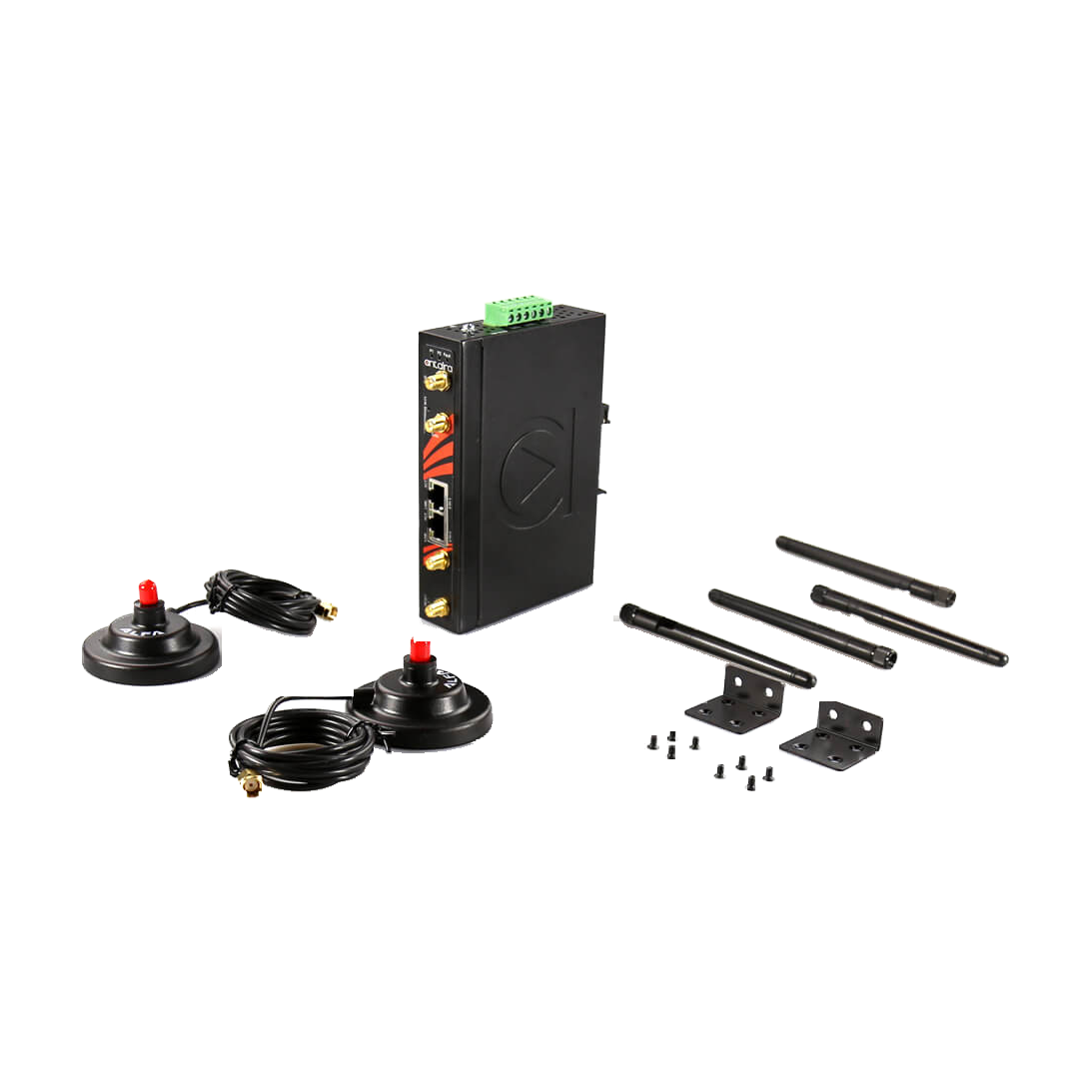 Router industrial Antaira com antenas, bases magnéticas, suportes e parafusos