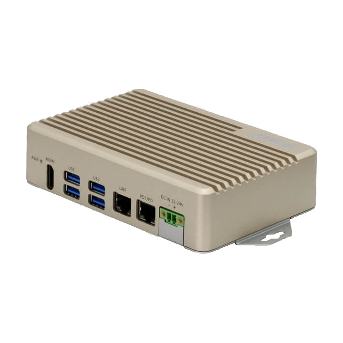 Equipamento AAEON BOXER-8222AI, vista do chassis, ligações e patilha