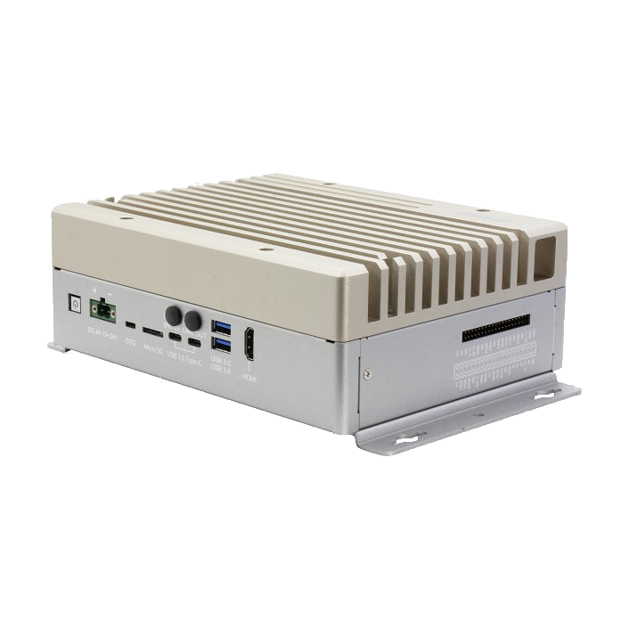 Equipamento AAEON BOXER-8640AI, vista do chassis, portas e patilha