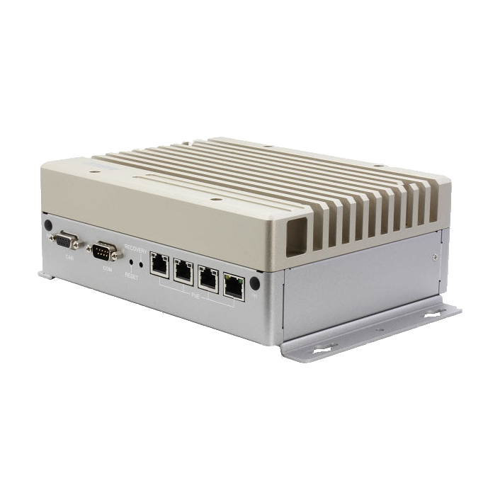 Equipamento AAEON BOXER-8640AI, vista do chassis, portas e patilha