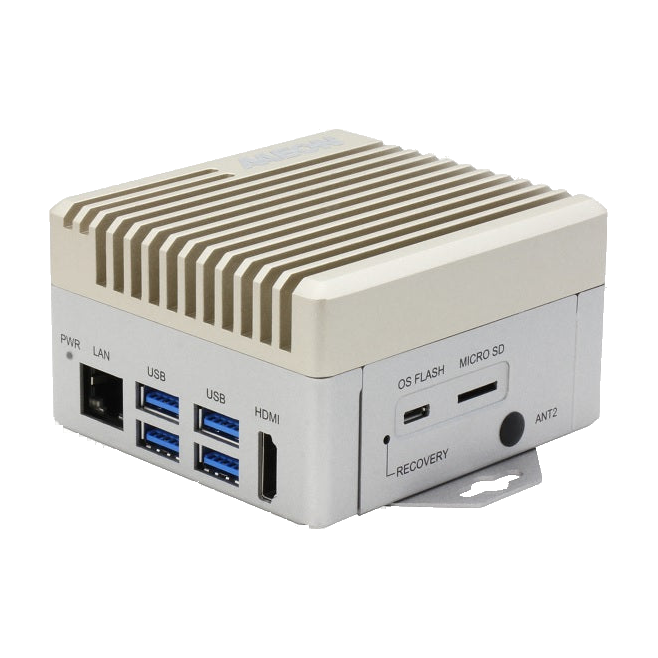Equipamento AAEON BOXER-8251AI, vista de três quartos com USB, LAN e HDMI