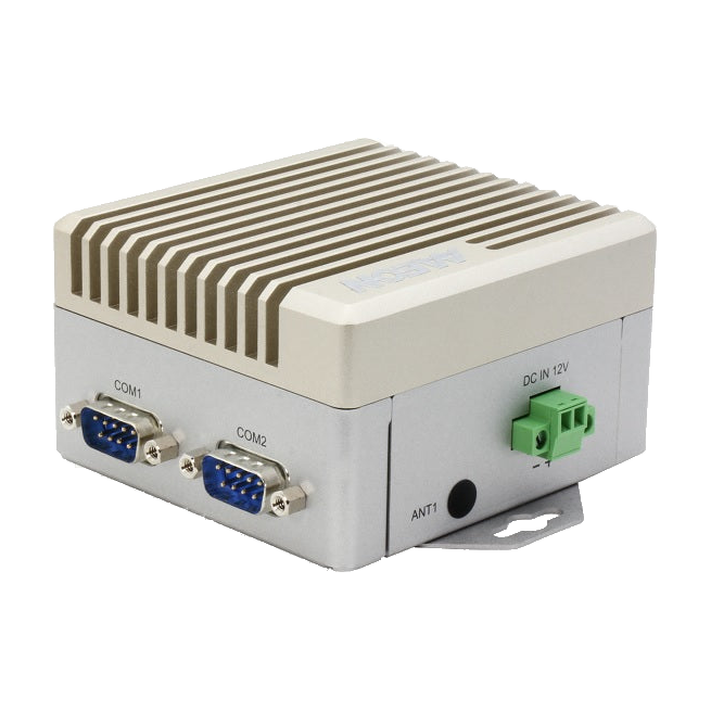 Equipamento AAEON BOXER-8251AI, vista de três quartos com portas COM e terminal