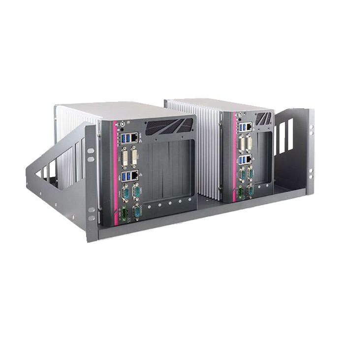 Computador industrial Neousys Nuvo-6032, vista do chassis e do suporte de montagem