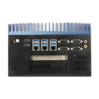 Equipamento AAEON BOXER-8332AI-CFL, vista do painel de ligações e dissipador