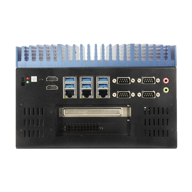 Equipamento AAEON BOXER-8332AI-CFL, vista do painel de ligações e dissipador