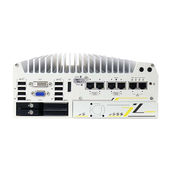 Computador industrial Neousys Nuvo-7200VTC, vista do chassis e das portas