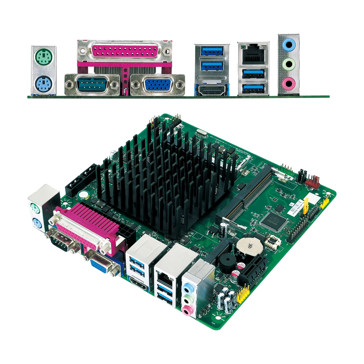 Equipamento MiTAC PD14RI, vista oblíqua e painel I/O