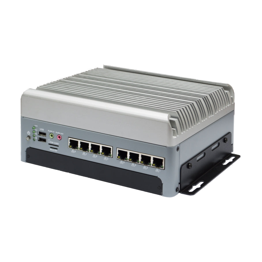 Computador industrial EverFocus, vista de três quartos com oito portas LAN