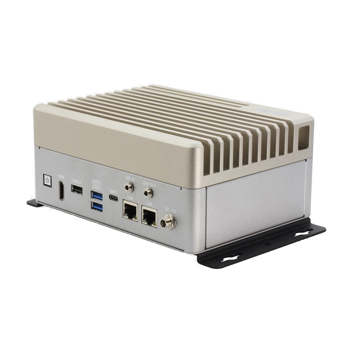 Computador industrial AAEON BOXER-8641AI, vista frontal com ligações e suportes de montagem