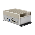 Computador industrial AAEON BOXER-8641AI, vista frontal com ligações e suportes de montagem