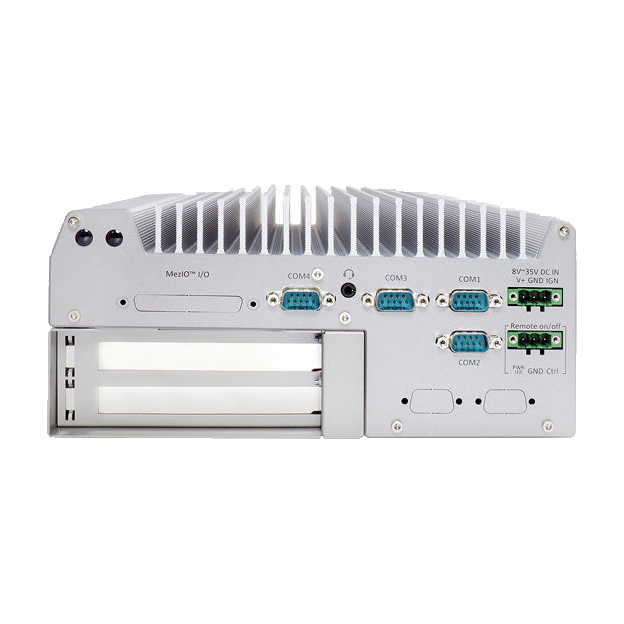 Neousys Nuvo-7160GC, vista do painel série com duas tampas metálicas de expansão