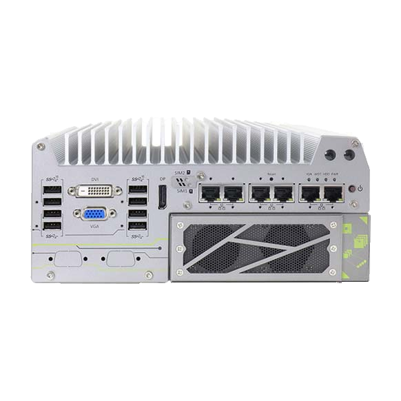 Neousys Nuvo-7166GC, vista do painel Ethernet/USB com grelha de expansão