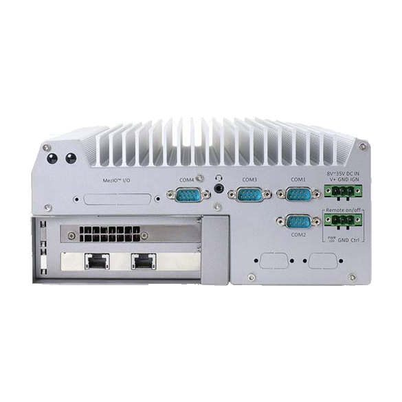 Neousys Nuvo-7166GC, vista do painel série e placa de expansão com duas portas Ethernet