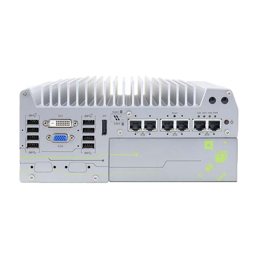 Neousys Nuvo-7162GC, vista do painel Ethernet/USB e tampa de expansão com linhas verdes