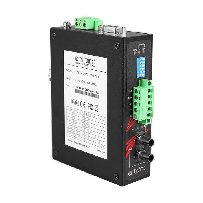 Conversor industrial Antaira STF-401C-TM02-T, vista das ligações e dos bornes