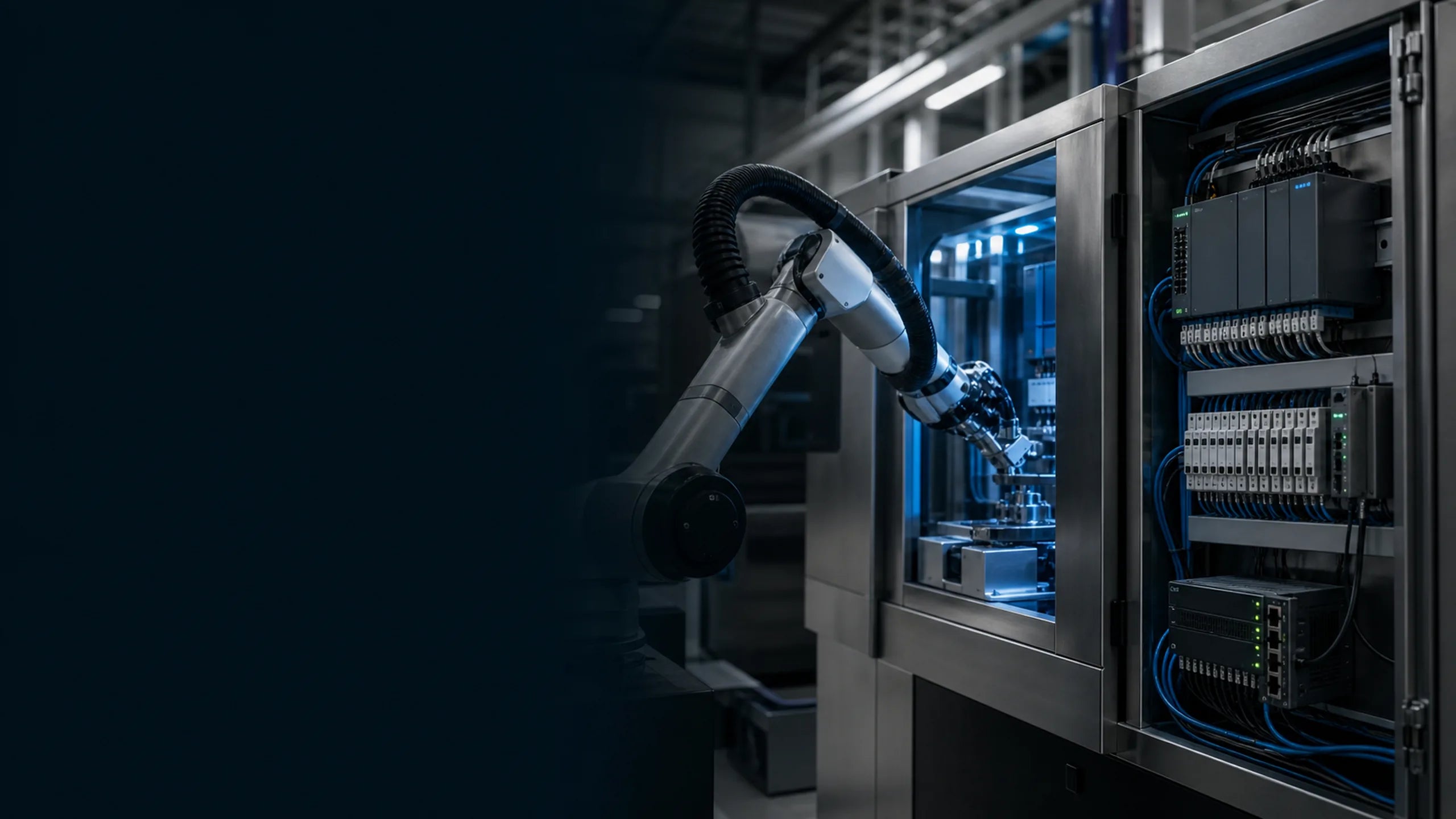 Célula robótica com PLC, módulos de I/O e controlador edge industrial.